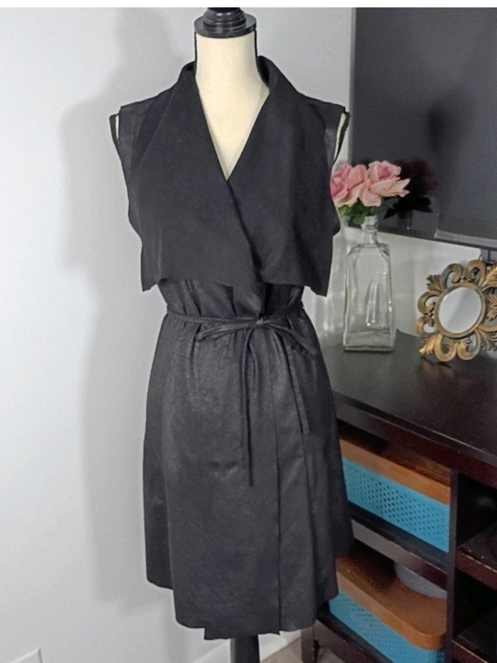 Shinestar Sleeveless Black Faux Suede Wrap Dress with Waist Tie, Small